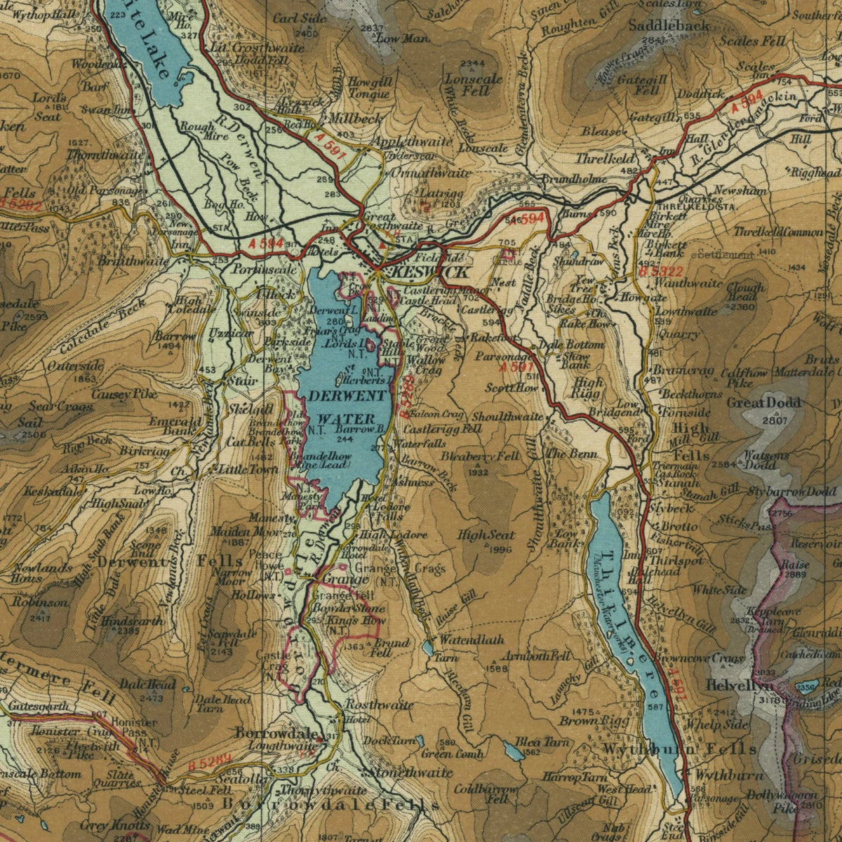 Old Map of the English Lakes by Bartholomew, 1941 – Keswick, Windermere & Ullswater: close-up of the printed map at full size