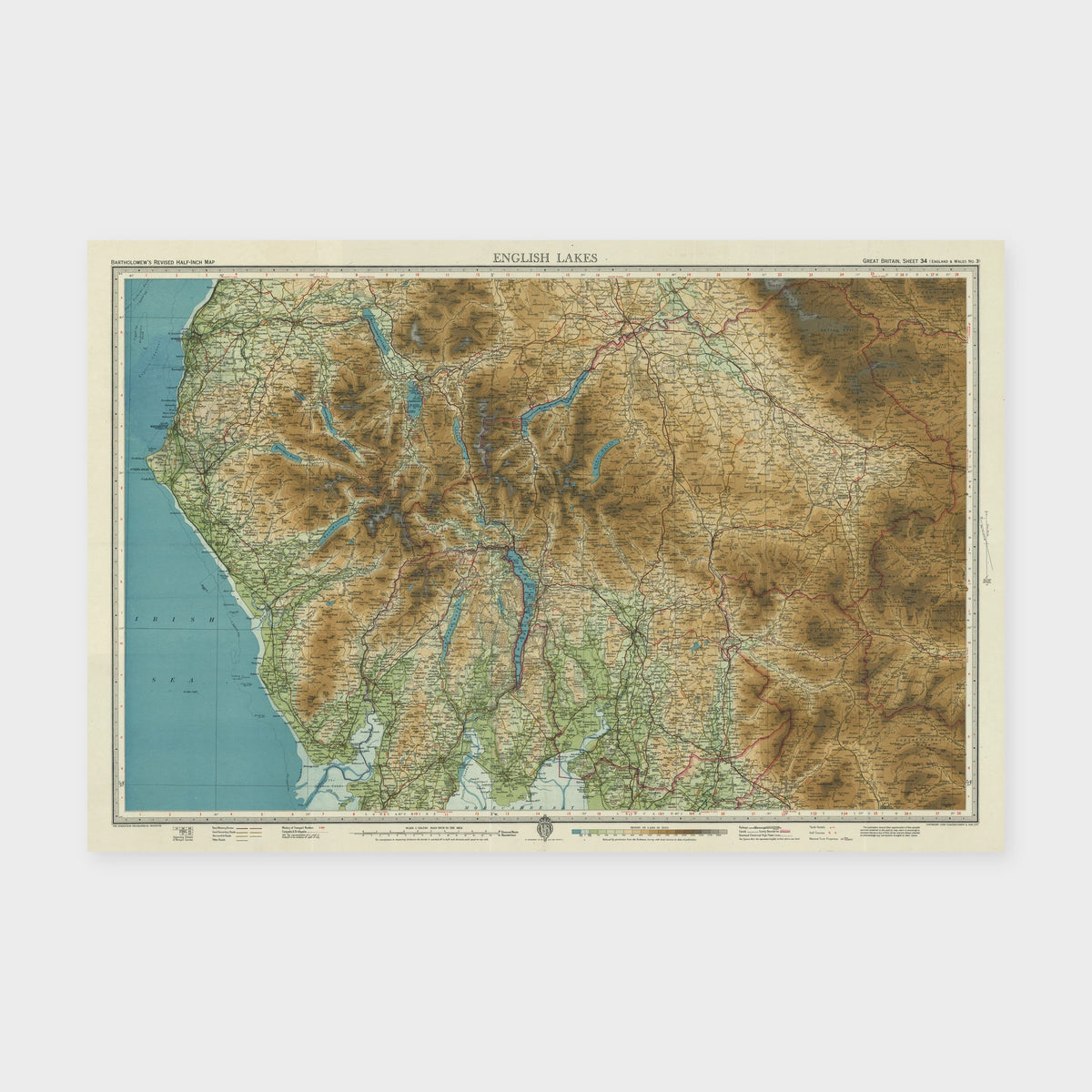 Old Map of the English Lakes by Bartholomew, 1941 – Keswick, Windermere & Ullswater, unframed old map print