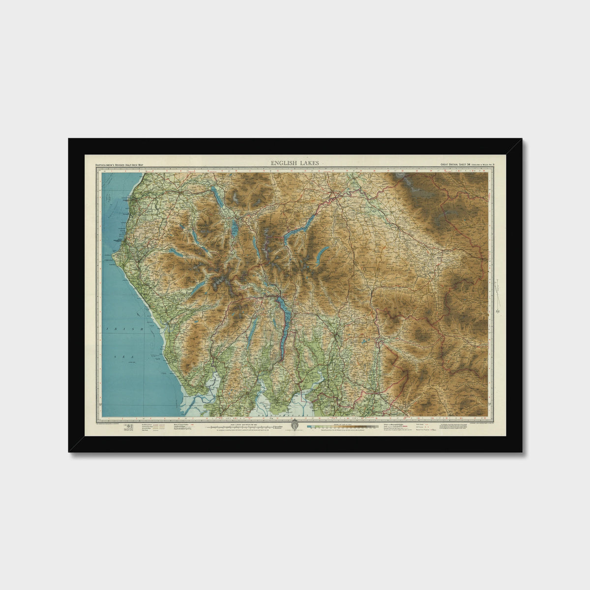 Old Map of the English Lakes by Bartholomew, 1941 – Keswick, Windermere & Ullswater, old map print in a black frame