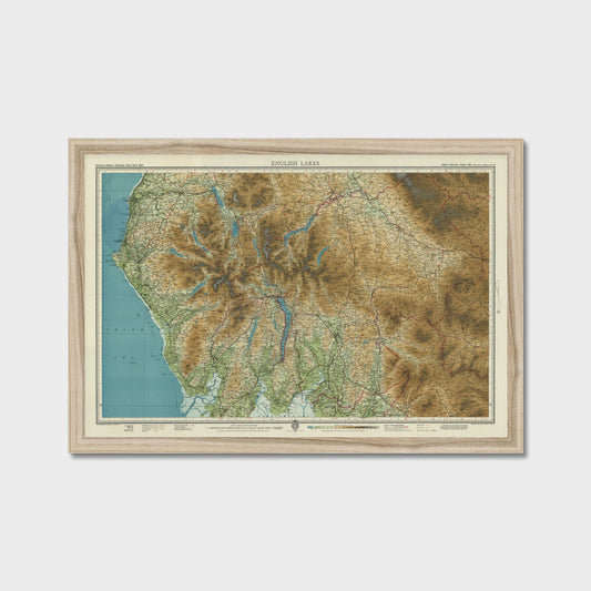 Old Map of the English Lakes by Bartholomew, 1941 – Keswick, Windermere & Ullswater, old map print in a natural frame