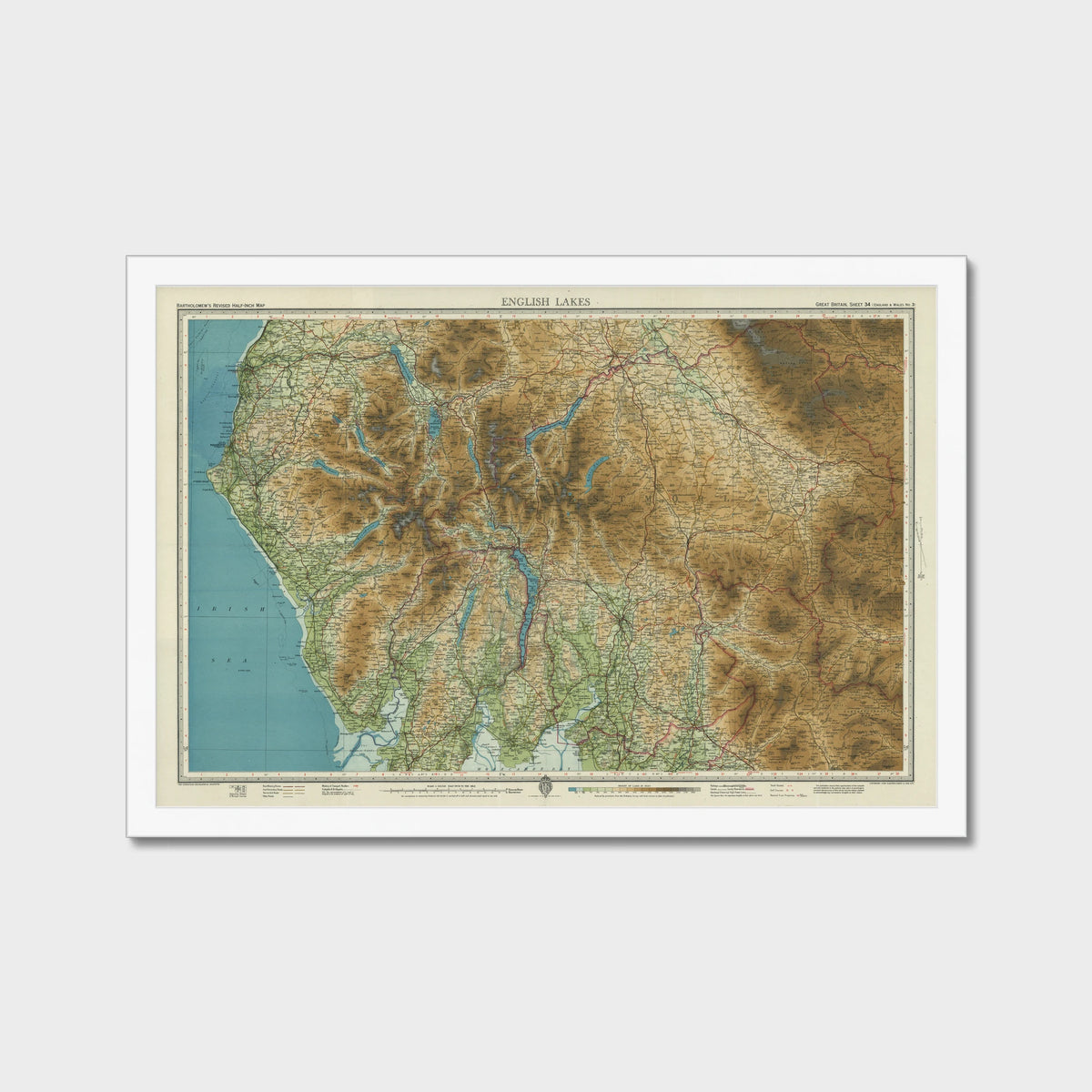 Old Map of the English Lakes by Bartholomew, 1941 – Keswick, Windermere & Ullswater, old map print in a white frame