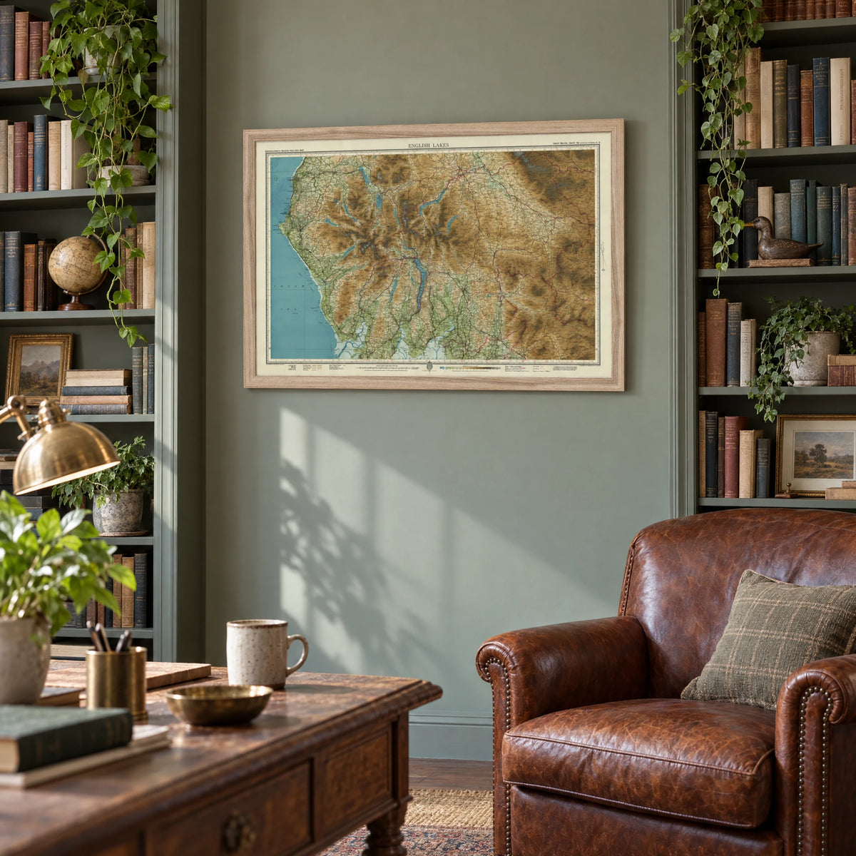 Old Map of the English Lakes by Bartholomew, 1941 – Keswick, Windermere & Ullswater, framed in natural wood, hanging in a room