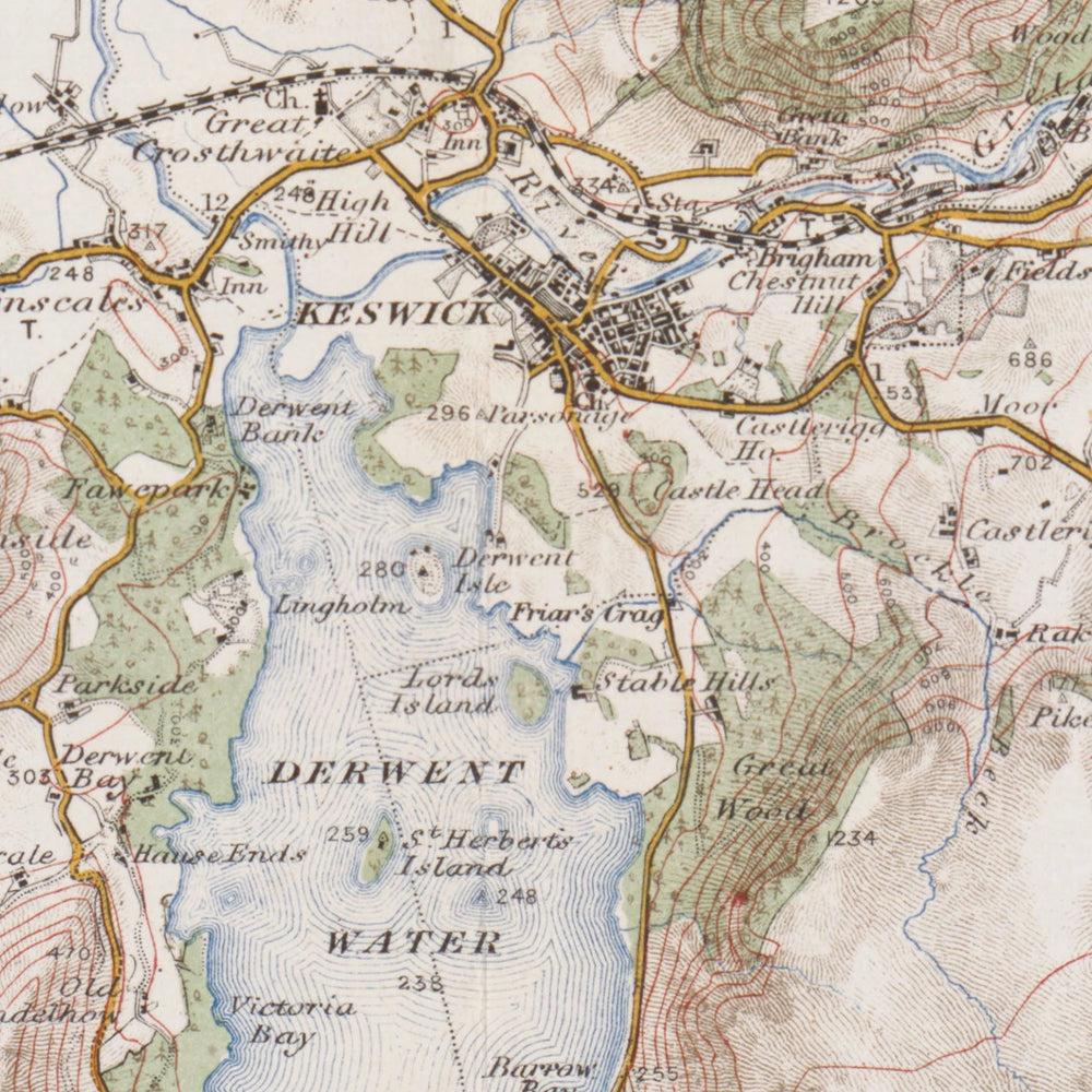 Old Map of Keswick by Ordnance Survey, 1904 – Derwentwater, Buttermere & Helvellyn: close-up of the printed map at full size