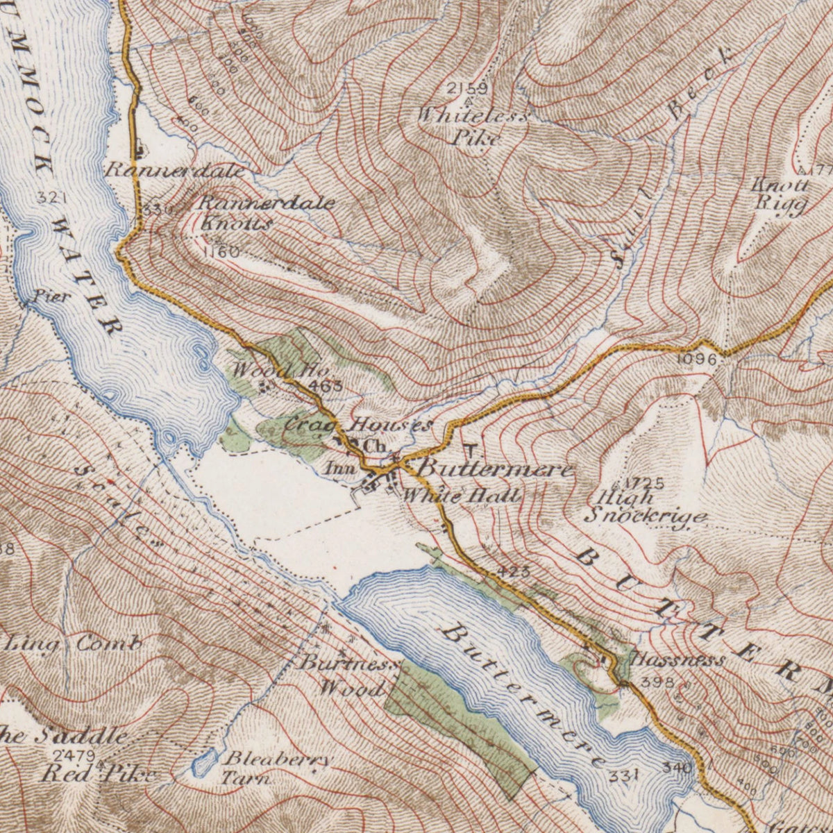 Old Map of Keswick by Ordnance Survey, 1904 – Derwentwater, Buttermere & Helvellyn: close-up of the printed map at full size