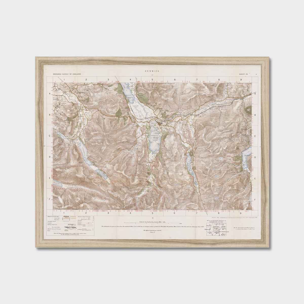 Old Map of Keswick by Ordnance Survey, 1904 – Derwentwater, Buttermere & Helvellyn, old map print in a natural frame