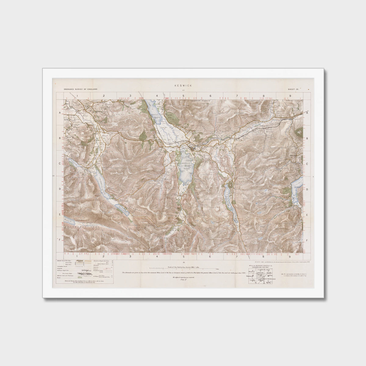 Old Map of Keswick by Ordnance Survey, 1904 – Derwentwater, Buttermere & Helvellyn, old map print in a white frame