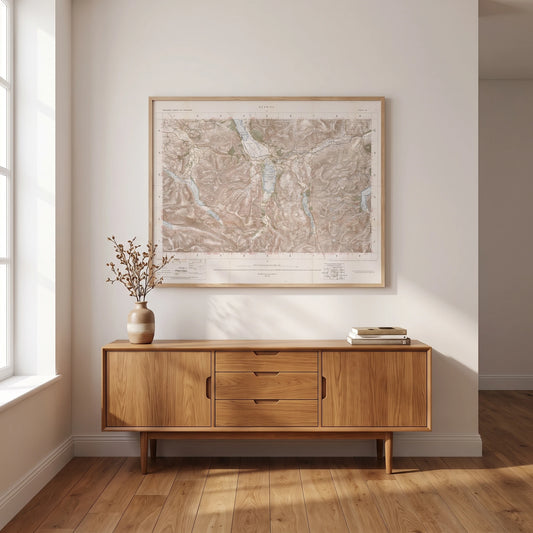 Old Map of Keswick by Ordnance Survey, 1904 – Derwentwater, Buttermere & Helvellyn, framed in natural wood, hanging in a room