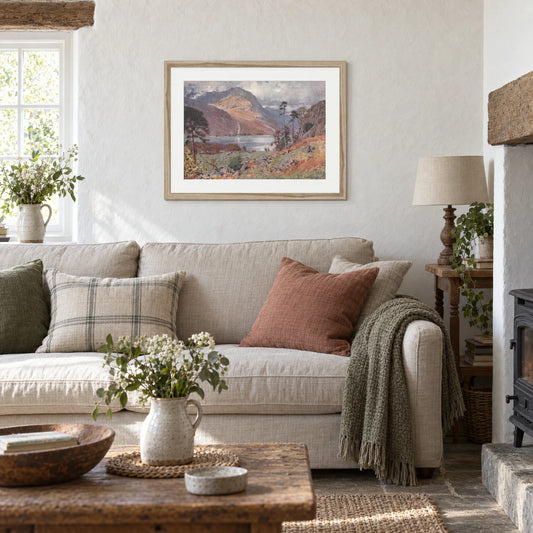 Head of Buttermere by Alfred Heaton Cooper, c.1904 – Vintage Lake District Art Print, mounted in white and framed in natural wood, hanging in a room