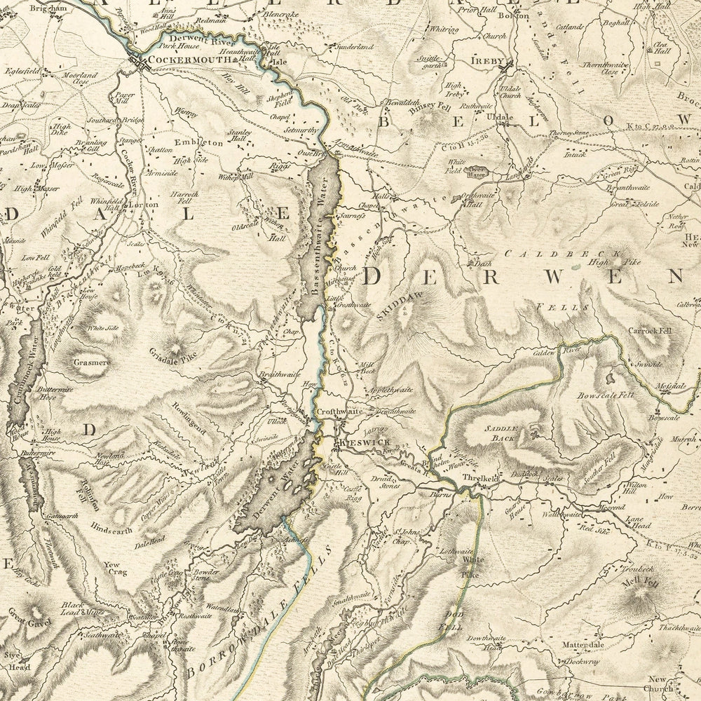 Old Map of Cumberland and the Lake District by Hodskinson & Donald, 1783: close-up of the printed map at full size