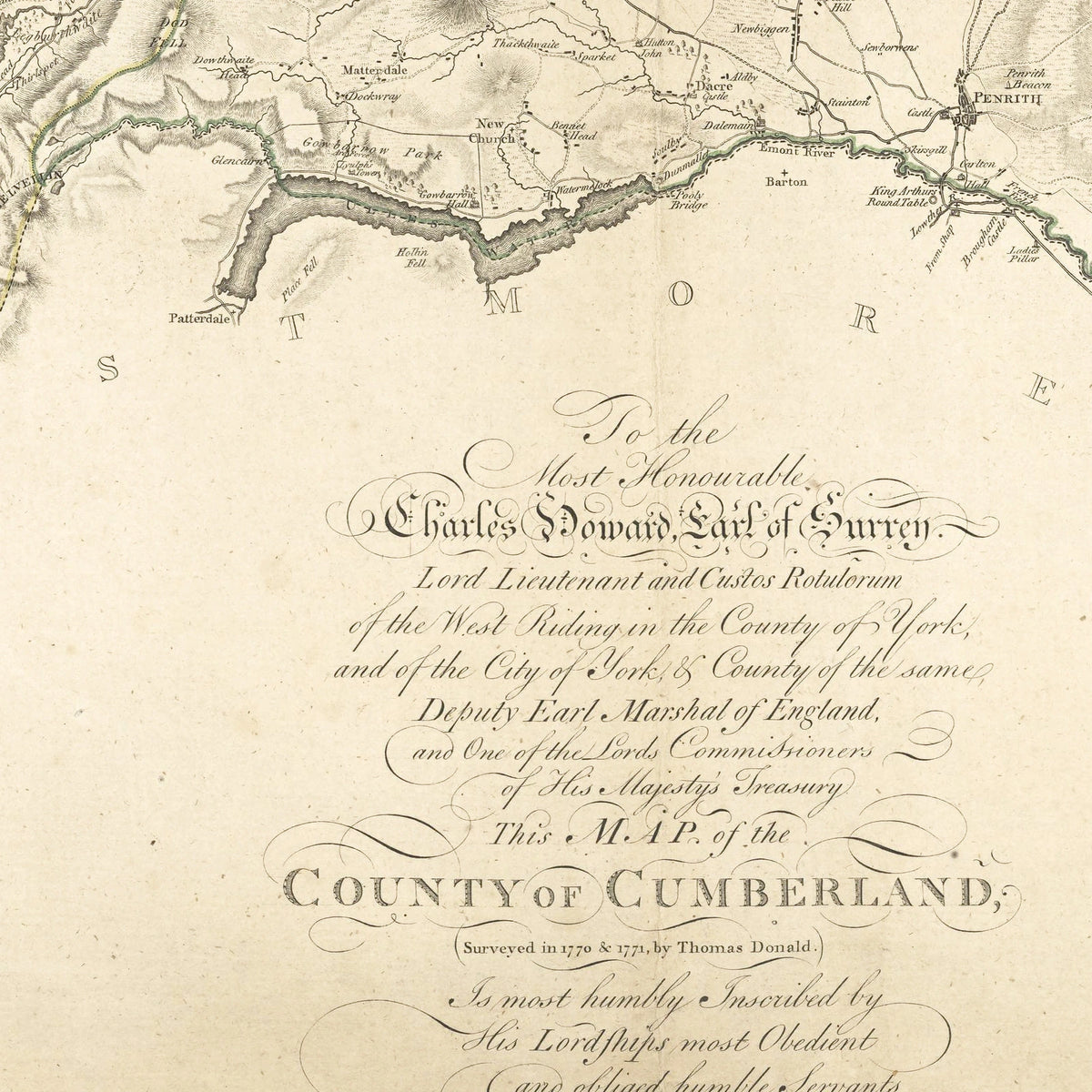 Old Map of Cumberland and the Lake District by Hodskinson & Donald, 1783: close-up of the printed map at full size