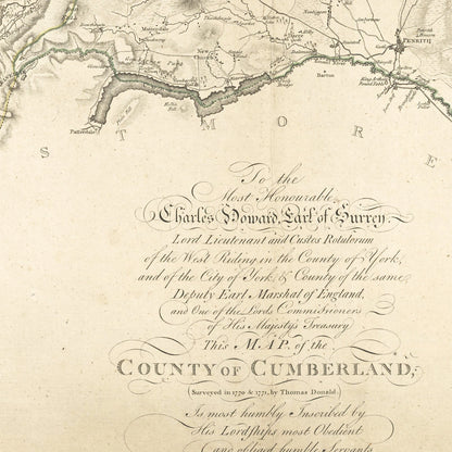 Old Map of Cumberland and the Lake District by Hodskinson & Donald, 1783: close-up of the printed map at full size
