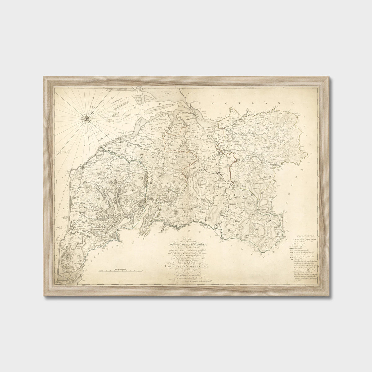 Old Map of Cumberland and the Lake District by Hodskinson & Donald, 1783, old map print in a natural frame