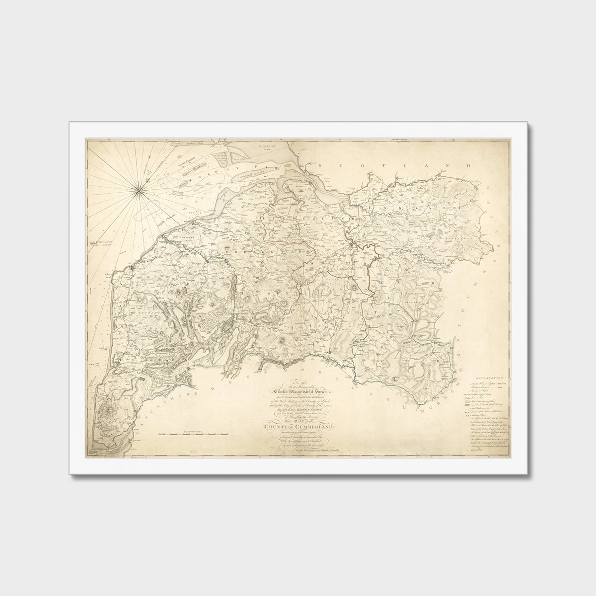 Old Map of Cumberland and the Lake District by Hodskinson & Donald, 1783, old map print in a white frame