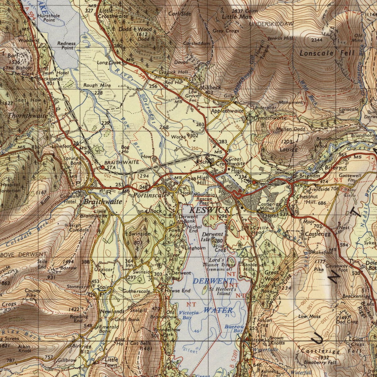 Old Map of the Lake District by Ordnance Survey, 1966 – Scafell Pike, Windermere & Keswick: close-up of the printed map at full size