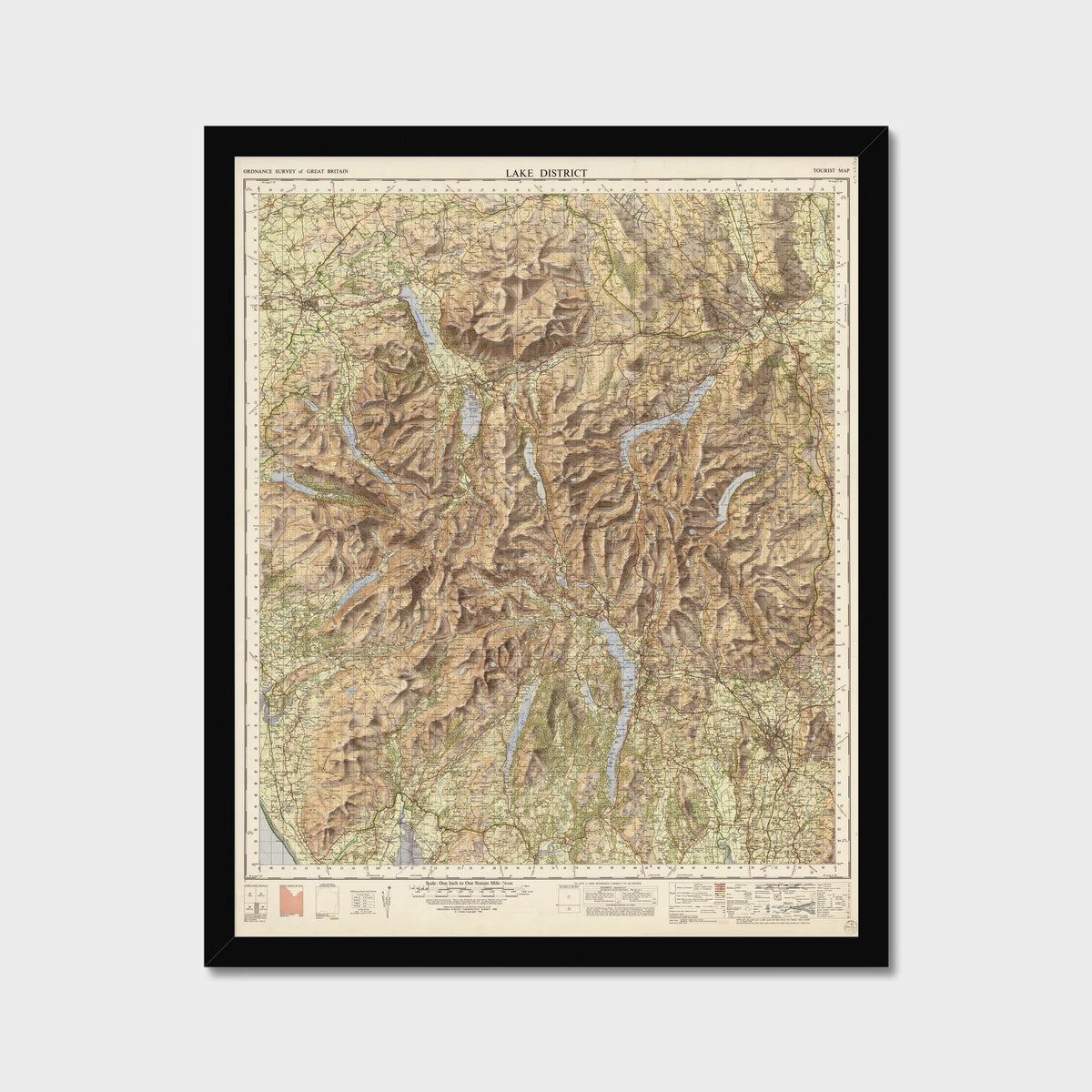 Old Map of the Lake District by Ordnance Survey, 1966 – Scafell Pike, Windermere & Keswick, old map print in a black frame