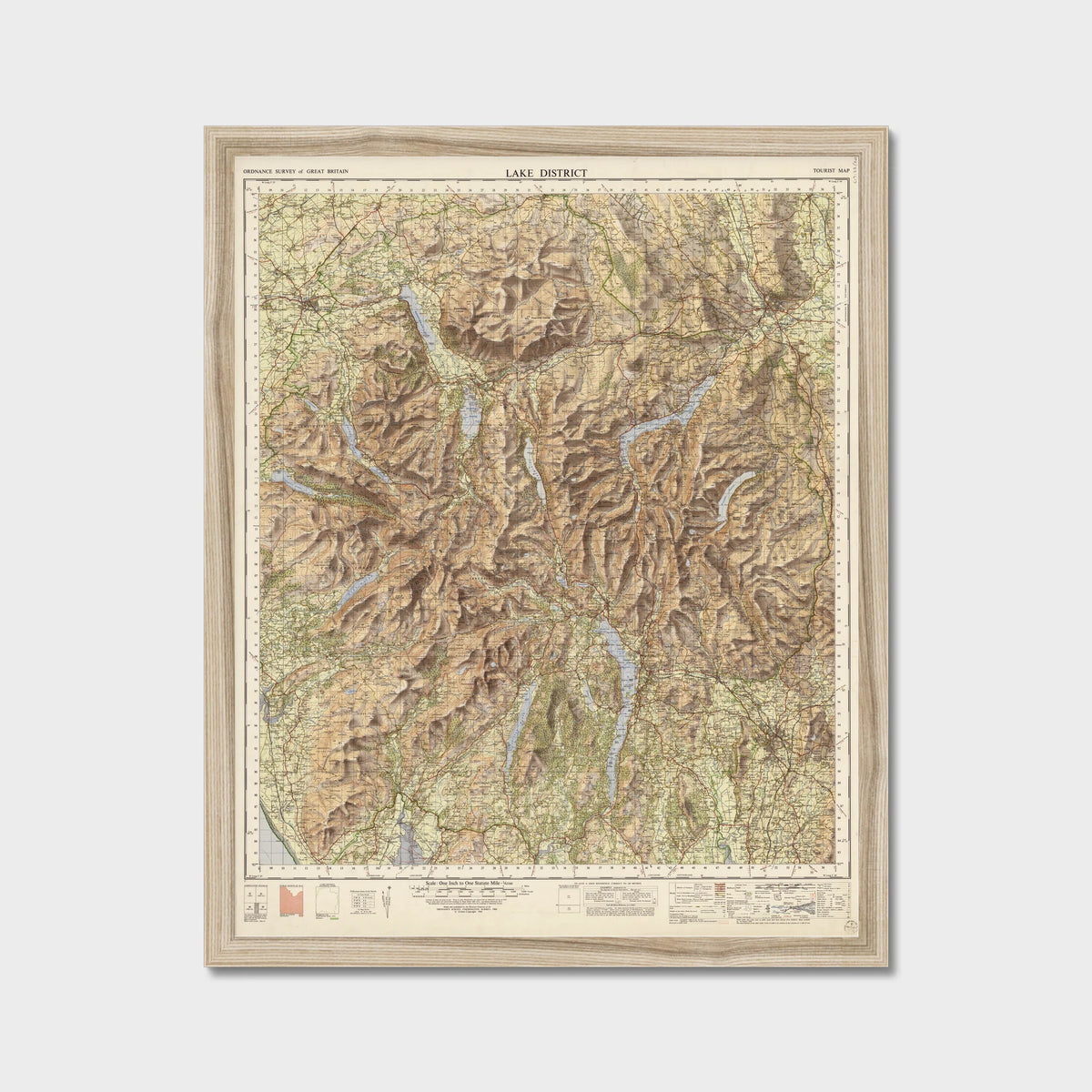 Old Map of the Lake District by Ordnance Survey, 1966 – Scafell Pike, Windermere & Keswick, old map print in a natural frame