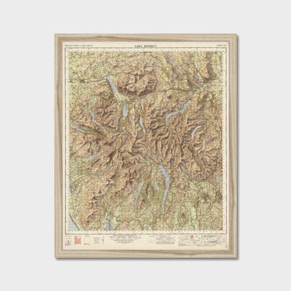 Old Map of the Lake District by Ordnance Survey, 1966 – Scafell Pike, Windermere & Keswick, old map print in a natural frame