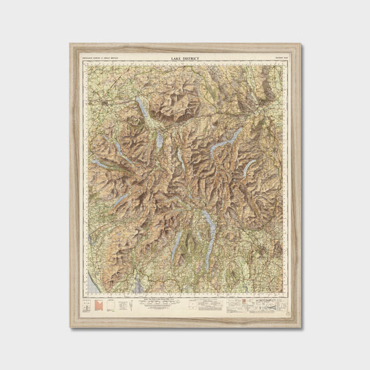 Old Map of the Lake District by Ordnance Survey, 1966 – Scafell Pike, Windermere & Keswick, old map print in a natural frame
