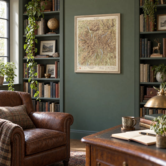 Old Map of the Lake District by Ordnance Survey, 1966 – Scafell Pike, Windermere & Keswick, framed in natural wood, hanging in a room
