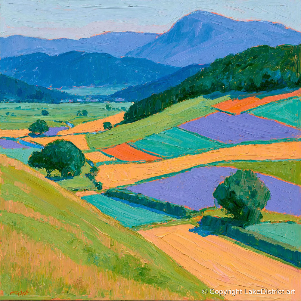 Violet And Ochre Dale Fields - lake district valley art print and canvas by Marshall Davies A.I