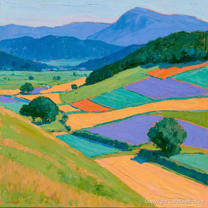 Violet And Ochre Dale Fields - lake district valley art print and canvas by Marshall Davies A.I