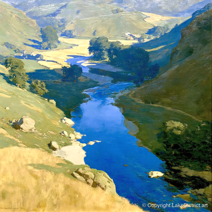 Vivid Blue Winding River Valley - lake district waterfall art print and canvas by Percival Kent A.I