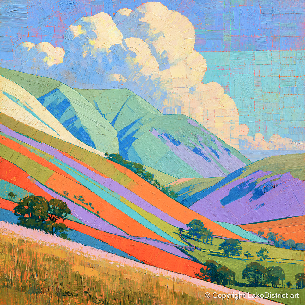 Vivid Colours on Rolling Fells - lake district fell art print and canvas by Victor Penrose A.I