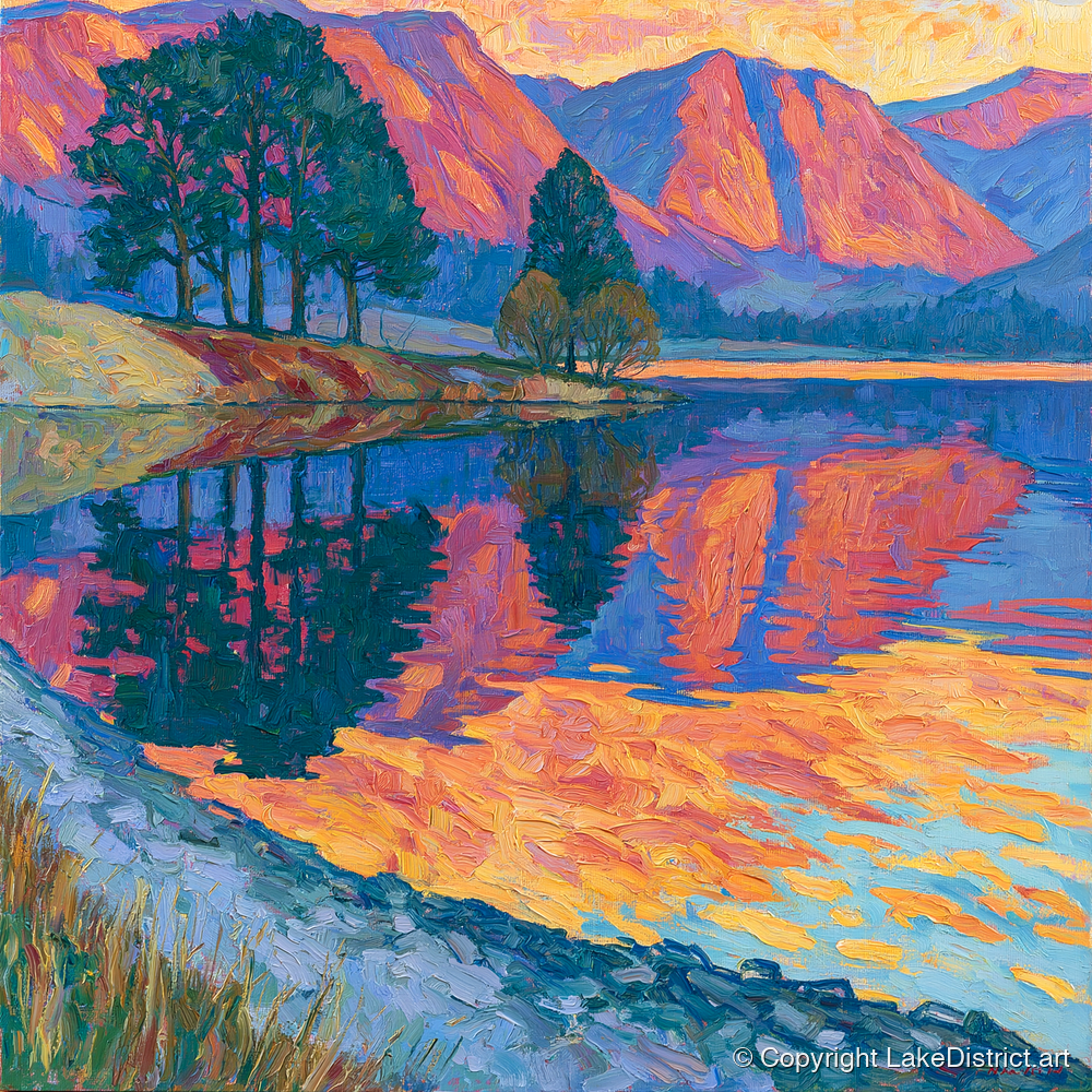 Vivid Dawn Lake Reflection - lake district lake art print and canvas by Celia Harding A.I