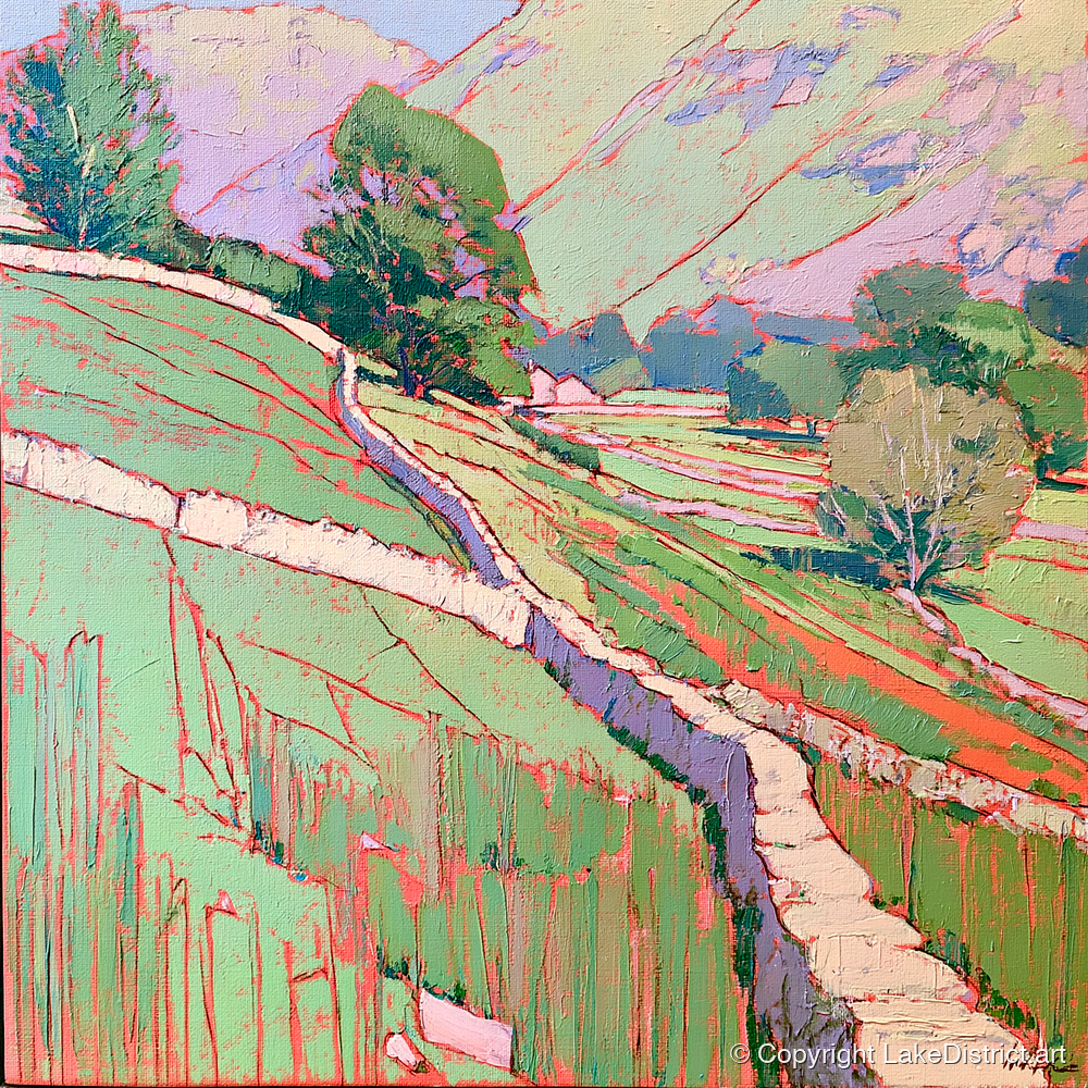 Vivid Drystone Wall Through Valley - lake district valley art print and canvas by Cedric Montgomery A.I
