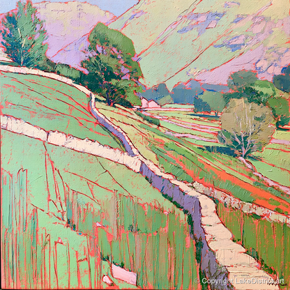 Vivid Drystone Wall Through Valley - lake district valley art print and canvas by Cedric Montgomery A.I