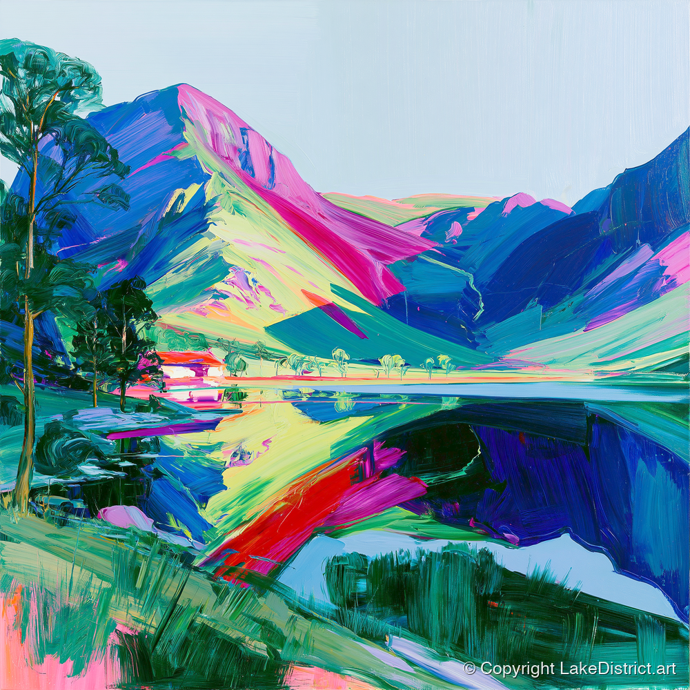 Vivid Fells Over Buttermere Lake - lake district lake art print and canvas by Julian Mercer A.I