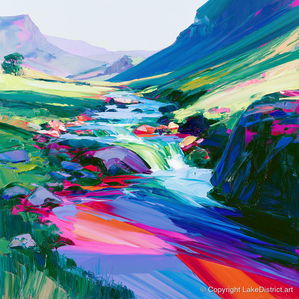 Vivid Fellside Beck Waterfall - lake district waterfall art print and canvas by Julian Mercer A.I