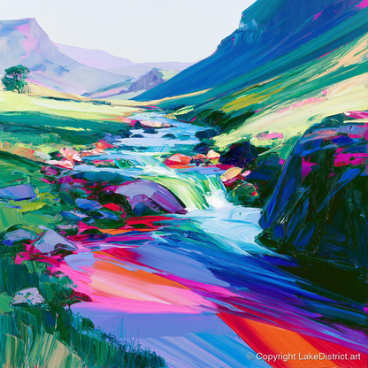 Vivid Fellside Beck Waterfall - lake district waterfall art print and canvas by Julian Mercer A.I