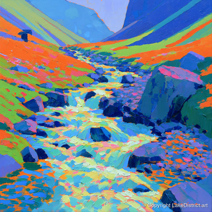 Vivid Flowing Fellside Beck - lake district waterfall art print and canvas by Jonathan Crawford A.I