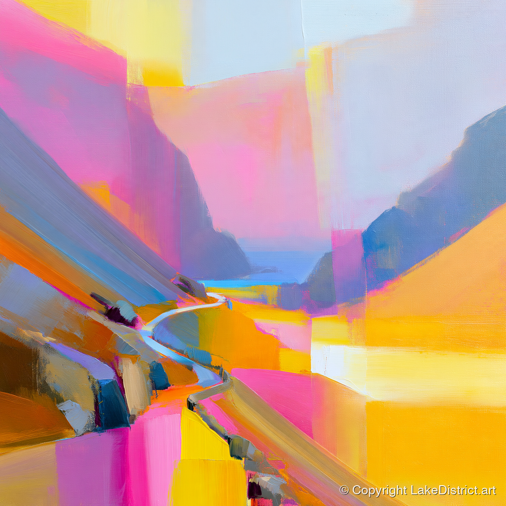 Vivid Fuchsia Winding Mountain Pass - lake district valley art print and canvas by Imogen Tate A.I