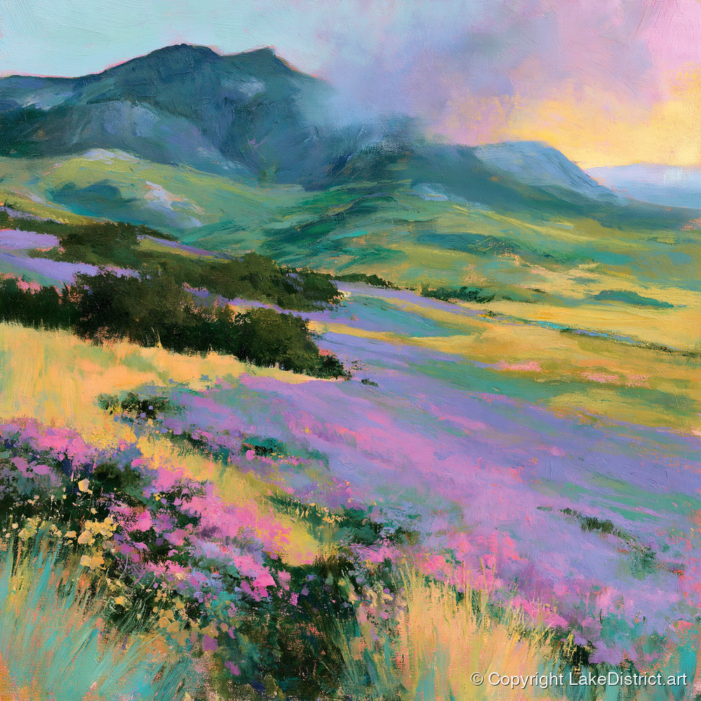 Vivid Heather on Lakeland Fells - flowers & fellsides art print and canvas by Desmond Fairfax A.I