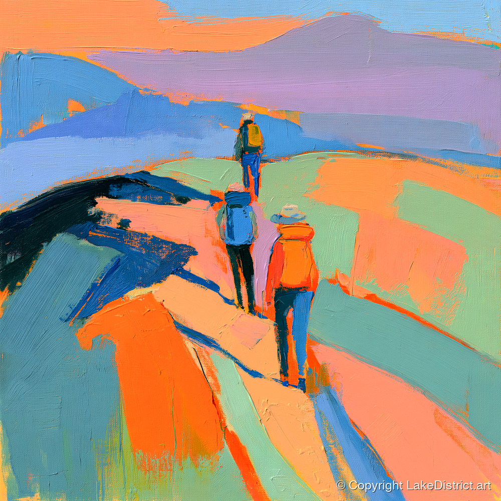 Vivid Hikers on a Fell Ridge - lake district fell art print and canvas by Simon Prescott A.I