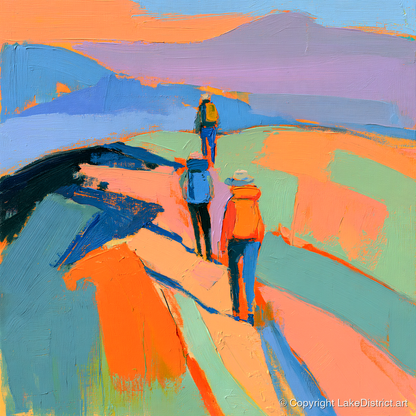 Vivid Hikers on a Fell Ridge - lake district fell art print and canvas by Simon Prescott A.I