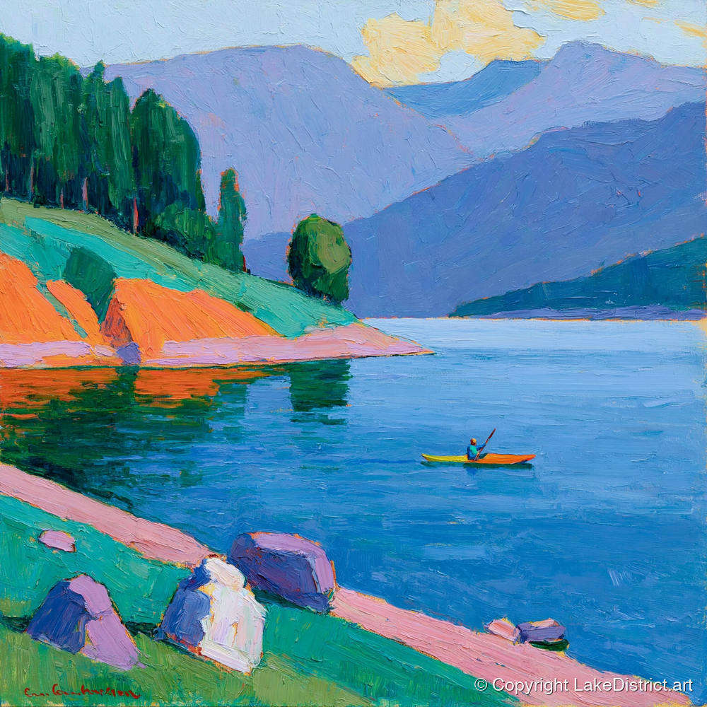 Vivid Kayaker on the Lake - lake district walking art print and canvas by Marshall Davies A.I