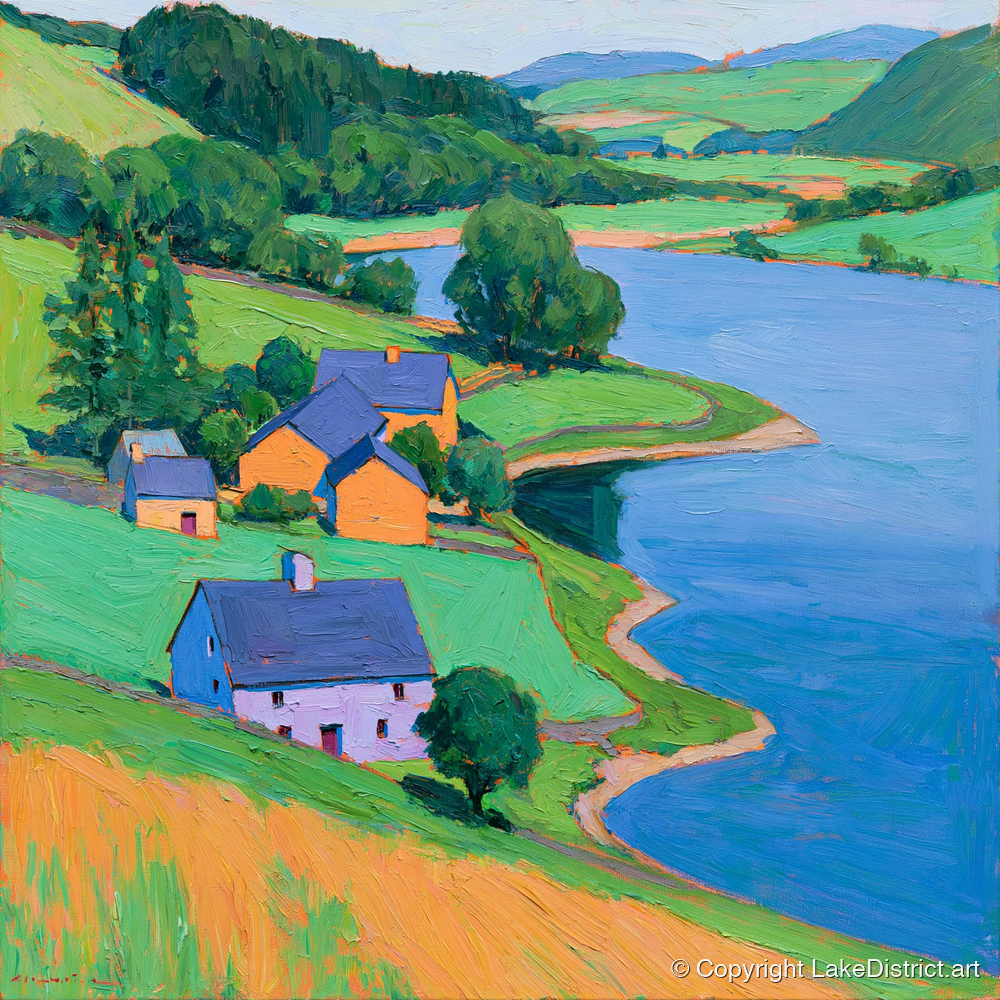 Vivid Lakeside Village and Fells - lake district village art print and canvas by Marshall Davies A.I