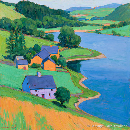 Vivid Lakeside Village and Fells - lake district village art print and canvas by Marshall Davies A.I