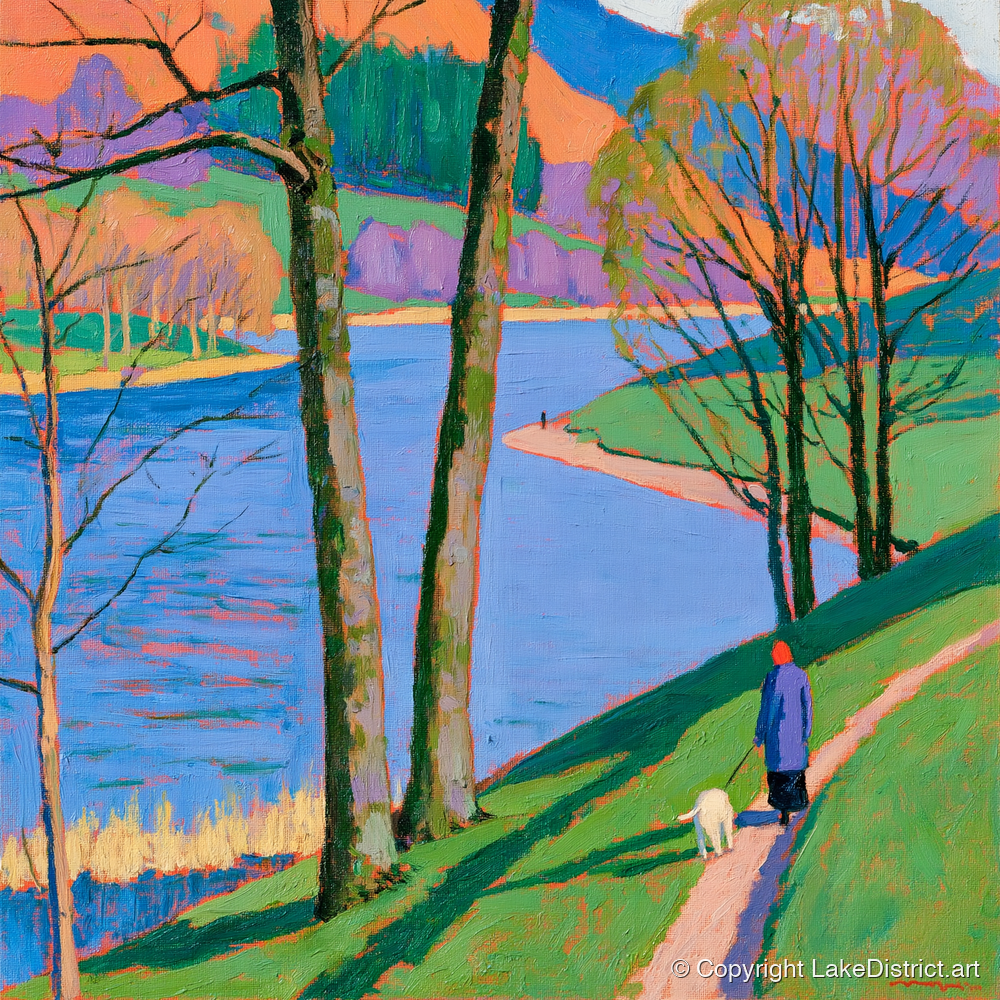 Vivid Lakeside Walk at Grasmere - gifts for dog walkers art print and canvas by Marshall Davies A.I