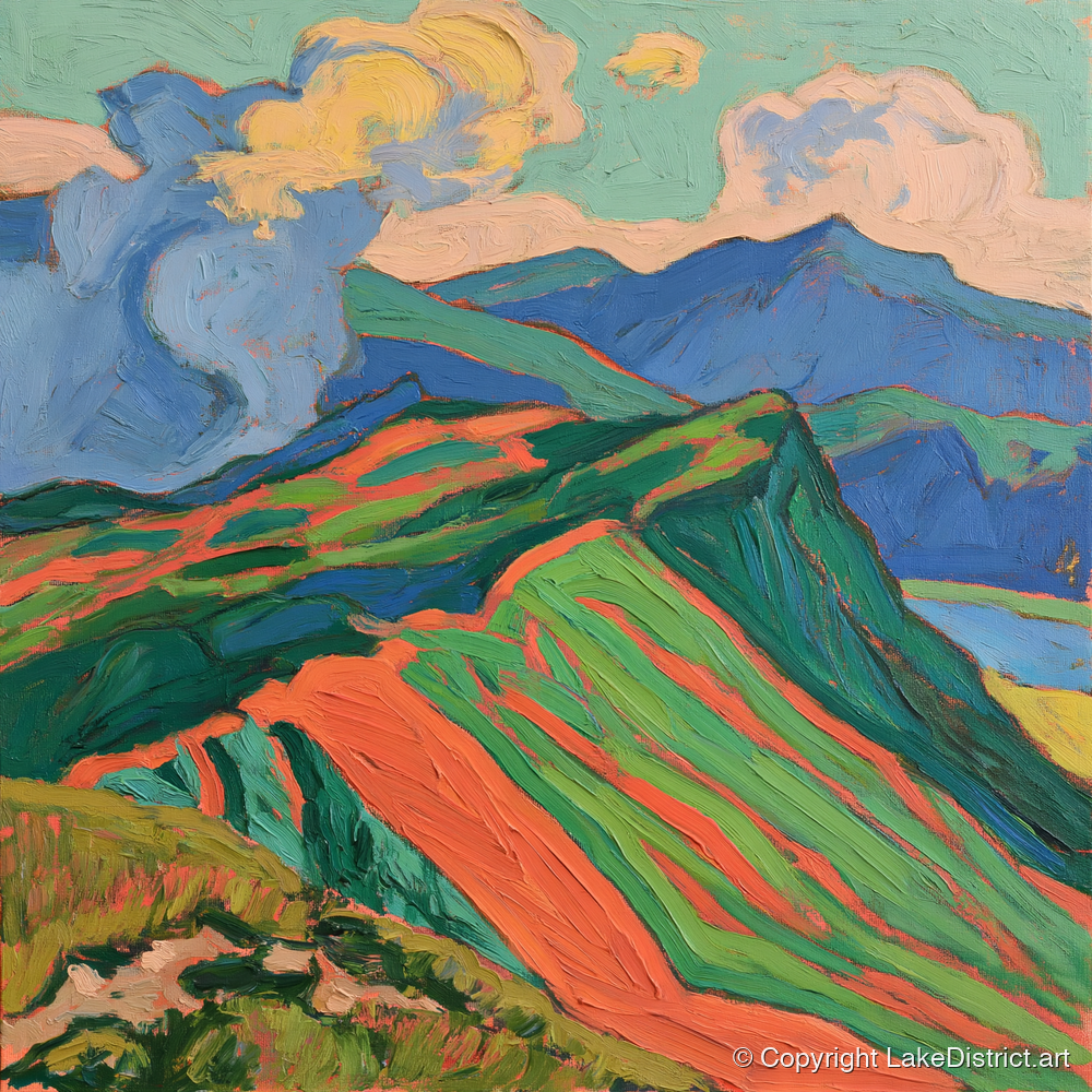 Vivid Misty Mountain Ridge - lake district fell art print and canvas by Mirabel Carlyle A.I