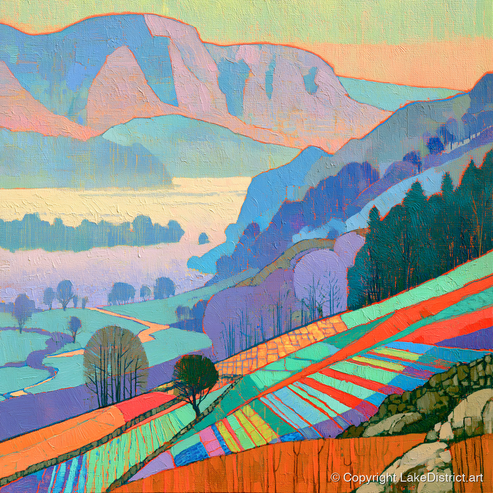 Vivid Morning Valley Mist - lake district sky art print and canvas by Victor Penrose A.I