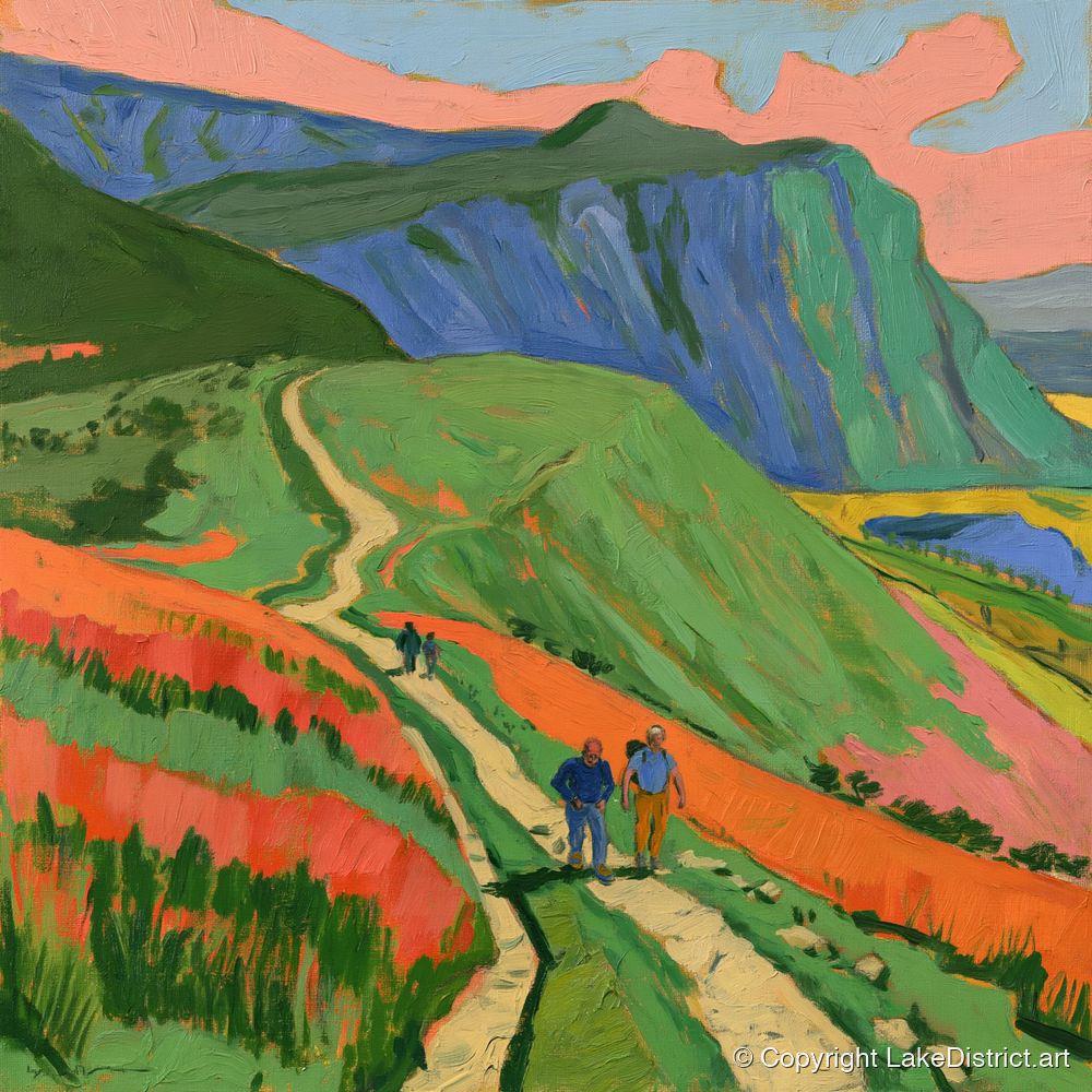 Vivid Mountain Path Walkers - lake district walking art print and canvas by Mirabel Carlyle A.I