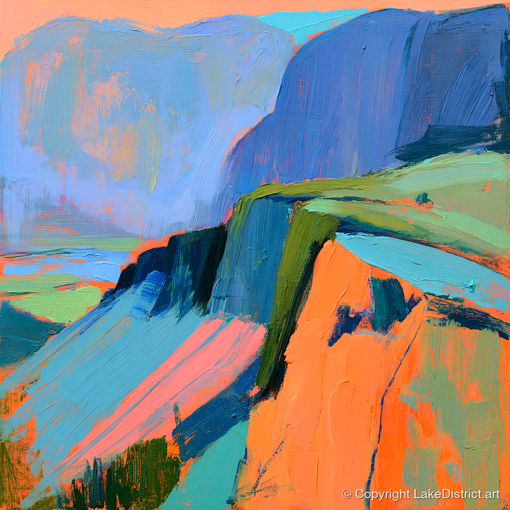 Vivid Mountain Ridge In Mist - lake district fell art print and canvas by Simon Prescott A.I