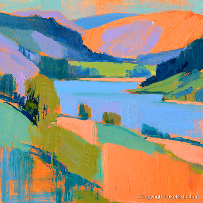 Vivid Orange Fells and Lake - lake district lake art print and canvas by Simon Prescott A.I