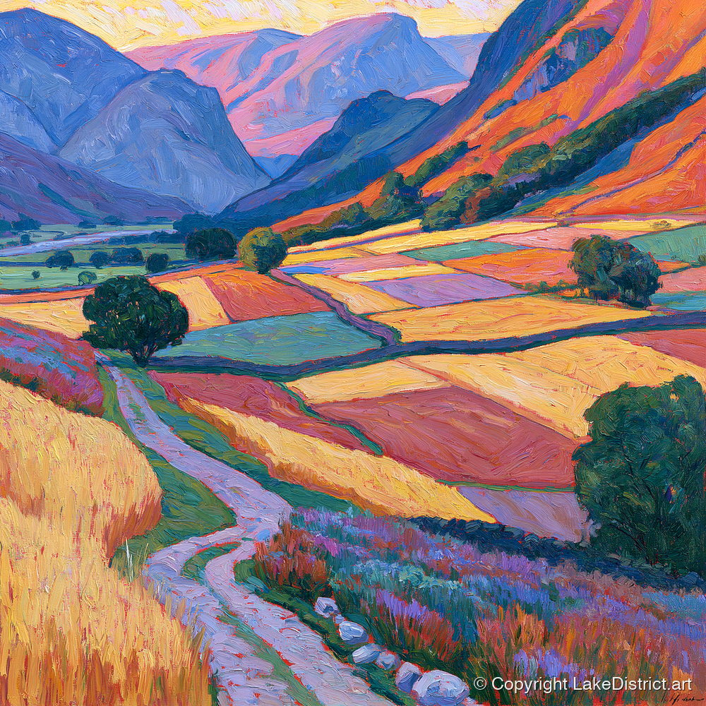 Vivid Patchwork Fields in the Dale - lake district valley art print and canvas by Celia Harding A.I