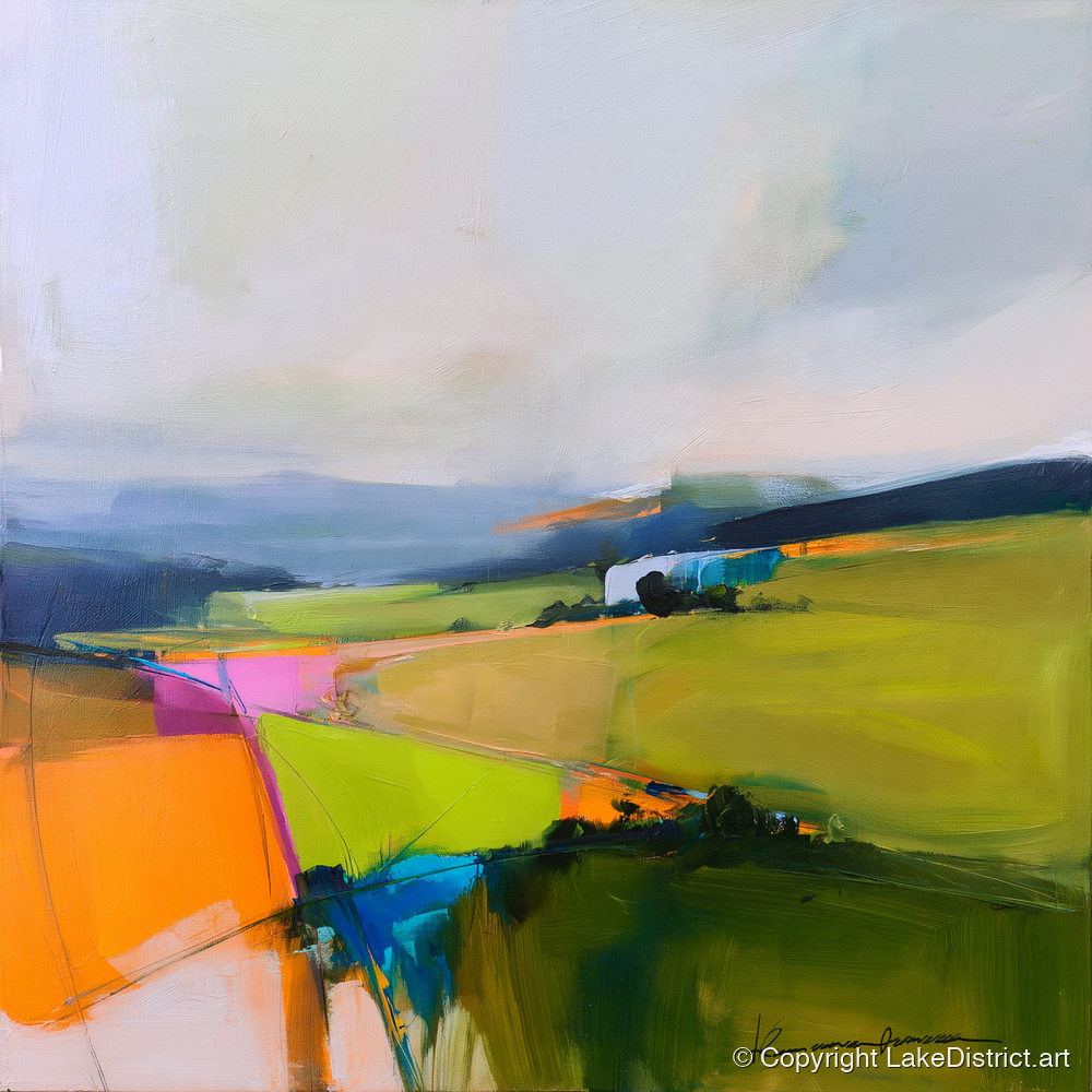 Vivid Patchwork Lakeland Dale - lake district valley art print and canvas by Warren Yates A.I