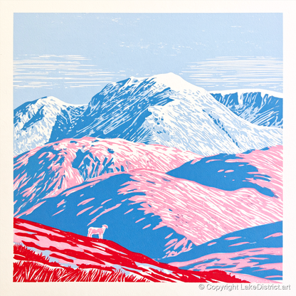 Vivid Pink Fells Below Bowfell - lake district fell art print and canvas by Christopher Seaton A.I